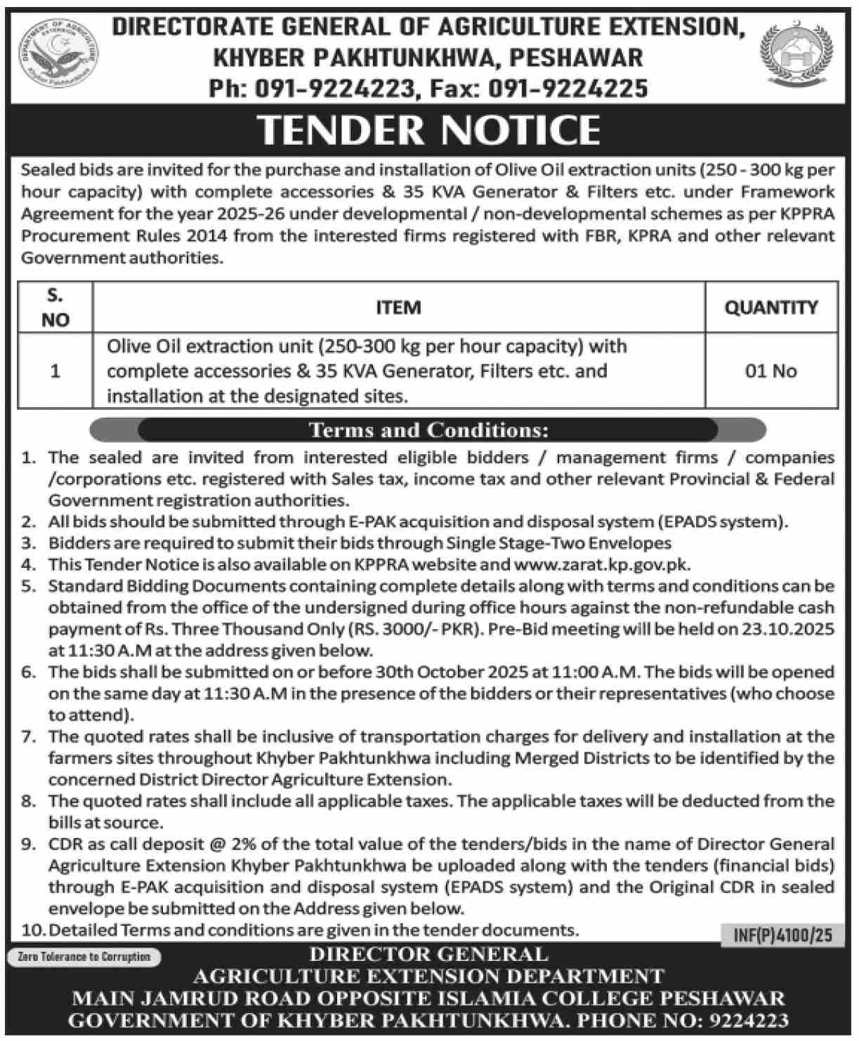 Agriculture Department Peshawar Tender Notice